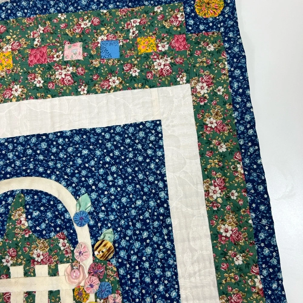 Cottagecore Flower Basket with Buttons Handmade Quilted Fabric Hanging Wall Art